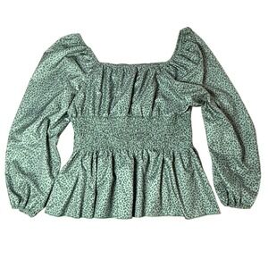Shein Curve Smocked Peplum Top Leopard Print Long Sleeve Blouse 1XL‎ Bubble